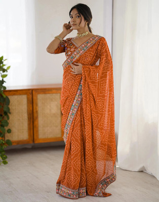 Satrani Printed, Embellished, Embroidered Bandhani Georgette Saree(Orange)