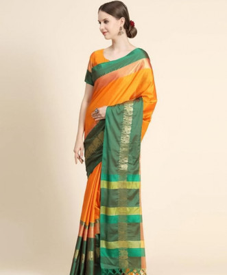 MoonTextile Temple Border Assam Silk Cotton Silk Saree(Light Blue)