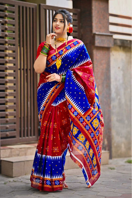 HouseOfCommon Printed Sambalpuri Pure Cotton Saree(Blue, Red)