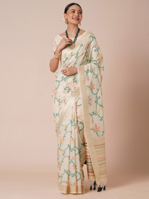 Sareemall Embellished Banarasi Silk Blend Saree(Cream)