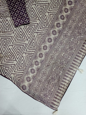 Samarthfashion Blocked Printed Leheria Cotton Blend Saree(Cream, Purple)