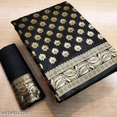 Muskan Fab Floral Print, Solid/Plain Banarasi Art Silk Saree(Black, Gold)