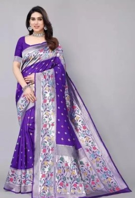 NS WORLD Woven, Floral Print Paithani Pure Silk, Silk Blend Saree(Purple, Silver)