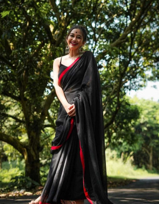 Abharani Saree Kuthir Solid/Plain Bollywood Cotton Blend Saree(Black)