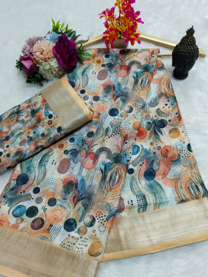 VISHNU Printed Kanjivaram Pure Cotton, Cotton Linen Saree(Multicolor)