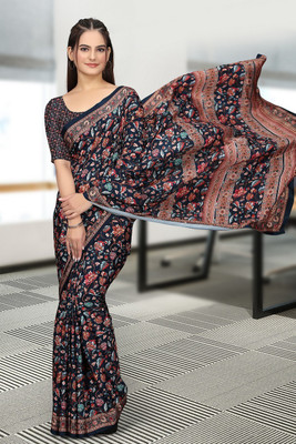 SAADHYA CREATION Embroidered, Solid/Plain Bollywood Crepe Saree(Dark Blue)