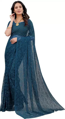 SNH EXPORT Embroidered Lucknow Chikankari Net, Brasso Saree(Blue)