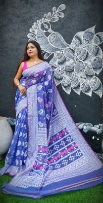 M STORE Printed Jamdani Cotton Silk Saree(Purple)