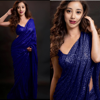 kamaldesigner Embroidered, Embellished Bollywood Georgette Saree(Blue)