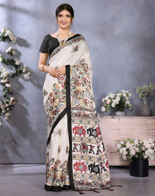 YASHIKA Printed Bollywood Art Silk Saree(White, Black)