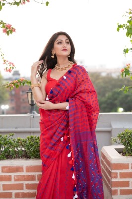 RUPANJALI Printed Jamdani Pure Cotton, Cotton Blend Saree(Red)