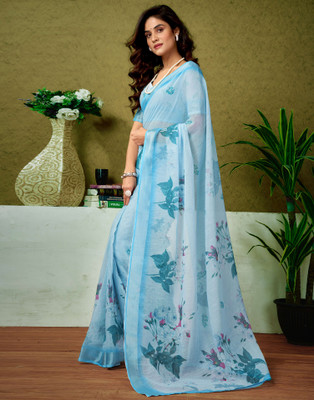 Samah Color Block Bollywood Linen Saree(Blue)