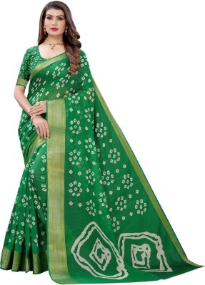 Suntex Printed, Color Block, Geometric Print, Embellished, Graphic Print Bandhani Cotton Silk Saree(Green)