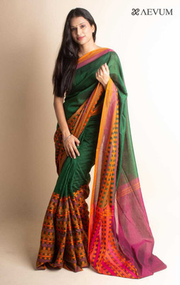 Sthaker Self Design Tant Pure Cotton Saree(Dark Green)
