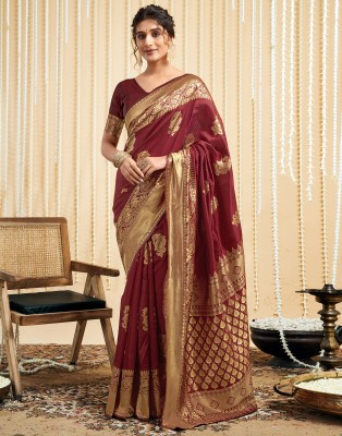 Samah Woven, Embellished Kanjivaram Silk Blend, Jacquard Saree(Maroon, Gold)