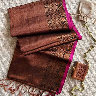 sourav biswas Self Design Handloom Tissue Saree(Brown)