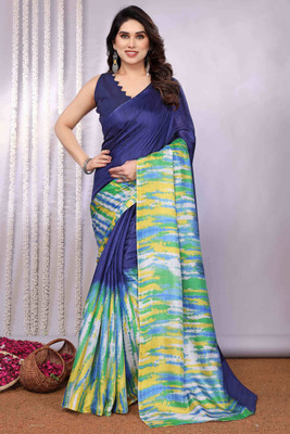 Peachmode Printed Bollywood Cotton Blend Saree(Blue)