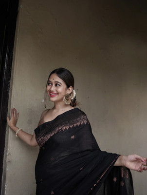 Khodal Zari Work Woven, Floral Print, Temple Border, Solid/Plain Kanjivaram Pure Silk Saree(Black)