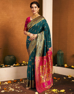 Divastri Woven, Embellished Paithani Silk Blend, Jacquard Saree(Magenta, Blue)