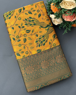 The Geetaz Woven Kanjivaram Silk Blend Saree(Yellow, Green)