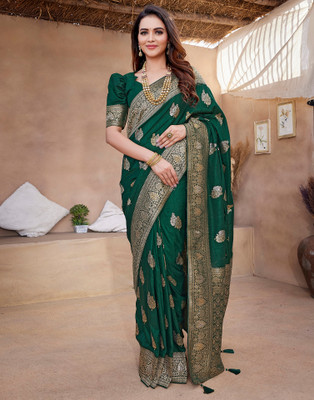 Samah Dyed, Woven, Embellished Banarasi Silk Blend Saree(Green, Gold)