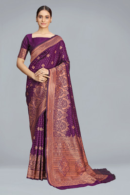 Monjolika Fashion Woven Banarasi Silk Blend Saree(Purple)