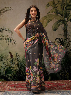 SILK ZONE Digital Print Daily Wear Cotton Blend Saree(Black)