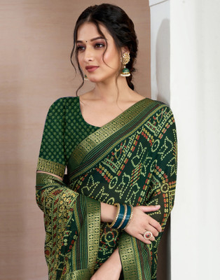 Samah Printed, Embellished Bandhani Chiffon, Georgette Saree(Green)