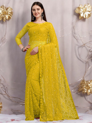 NexxaFashion Self Design Bollywood Net Saree(Yellow)