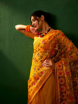 Divastri Embroidered Chanderi Net Saree(Mustard)