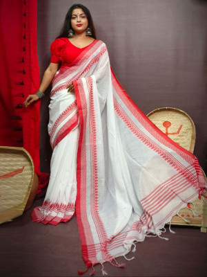 ADbutiq Self Design Bollywood Handloom Cotton Blend Saree(White)