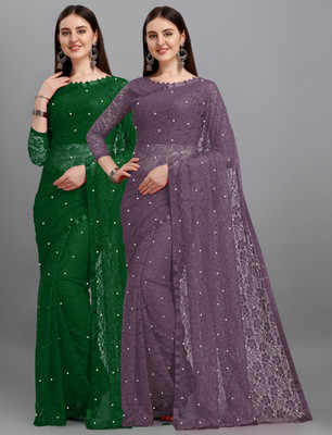 LOROFY Self Design Bollywood Net Saree(Pack of 2, Multicolor)