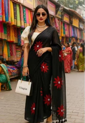 Shubharam Floral Print, Printed Bollywood Linen, Cotton Blend Saree(Black)