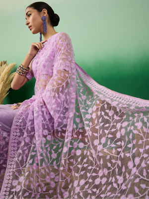 Sangria Embroidered Kalamkari Net Saree(Purple)