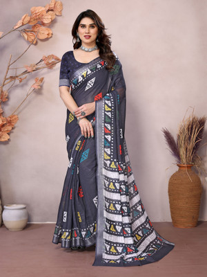 Soor Panchi Floral Print Handloom Linen Saree(Dark Blue)
