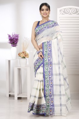 GitAsit Self Design Tant Pure Cotton Saree(White)