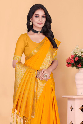 Aarunika MNT Solid/Plain Bollywood Pure Silk Saree(Yellow)