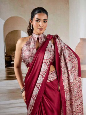 SARETRA MALL Printed Bollywood Crepe, Satin Saree(Maroon)