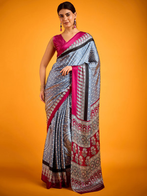 Sareemall Printed Hand Batik Satin Saree(Grey)