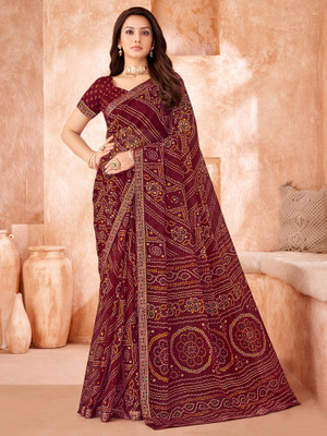 Sareemall Printed Bandhani Chiffon Saree(Maroon)