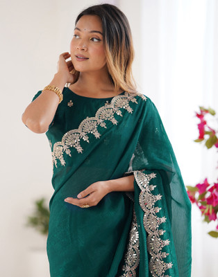 Satrani Embellished, Embroidered Bollywood Jimmy choo, Chiffon Saree(Green)