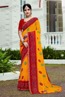 REBOOT FASHIONS Geometric Print Bandhani Georgette Saree(Mustard)