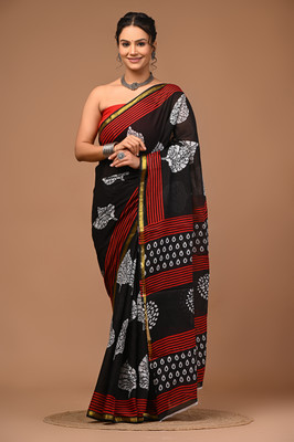 Niharika Creation Printed, Blocked Printed Ikkat Pure Cotton Saree(Black, Red, White)