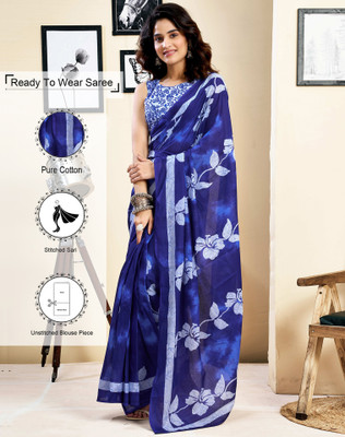 Tasrika Floral Print, Geometric Print, Printed Daily Wear Pure Cotton Saree(Dark Blue, White)