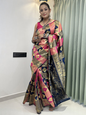 Sareemall Printed Banarasi Silk Blend Saree(Dark Blue)