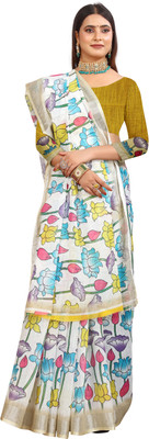 MAANVIT Printed Kanjivaram Pure Cotton, Cotton Linen Saree(White, Yellow)