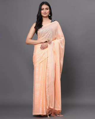 supalee tex Striped Bollywood Raw Silk Saree(Yellow)