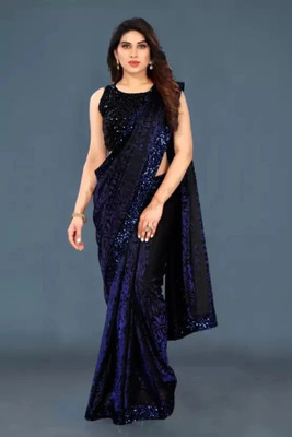 Heerali Embellished Bollywood Lycra Blend Saree(Dark Blue)