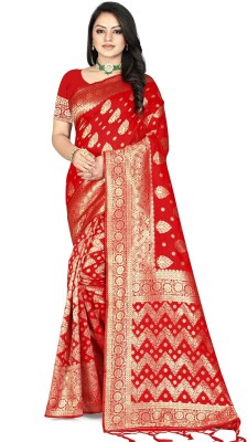 silk house Woven Kanjivaram Jacquard, Silk Blend Saree(Red)