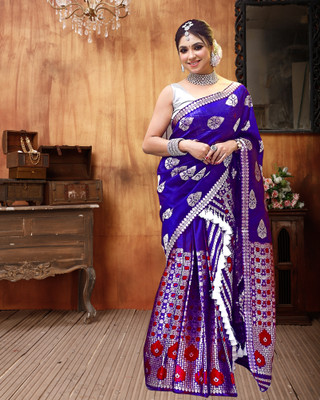 GRUJHA Self Design Mekhela Chador Silk Blend Saree(Blue)